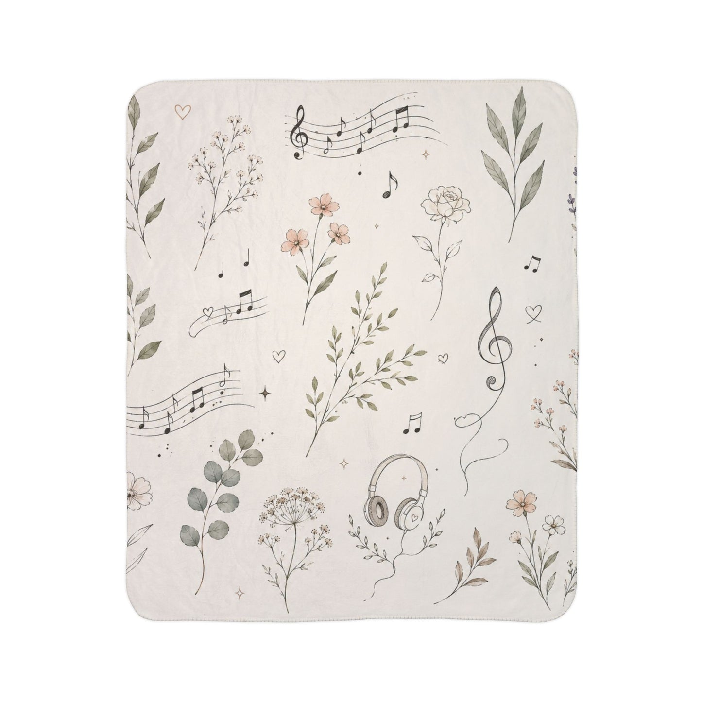 Musical Floral Sherpa Blanket — Cozy Music Notes & Headphones Throw