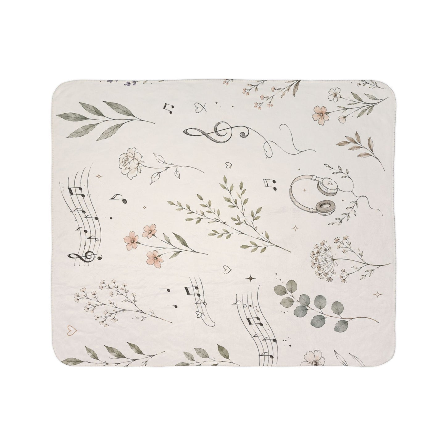Musical Floral Sherpa Blanket — Cozy Music Notes & Headphones Throw