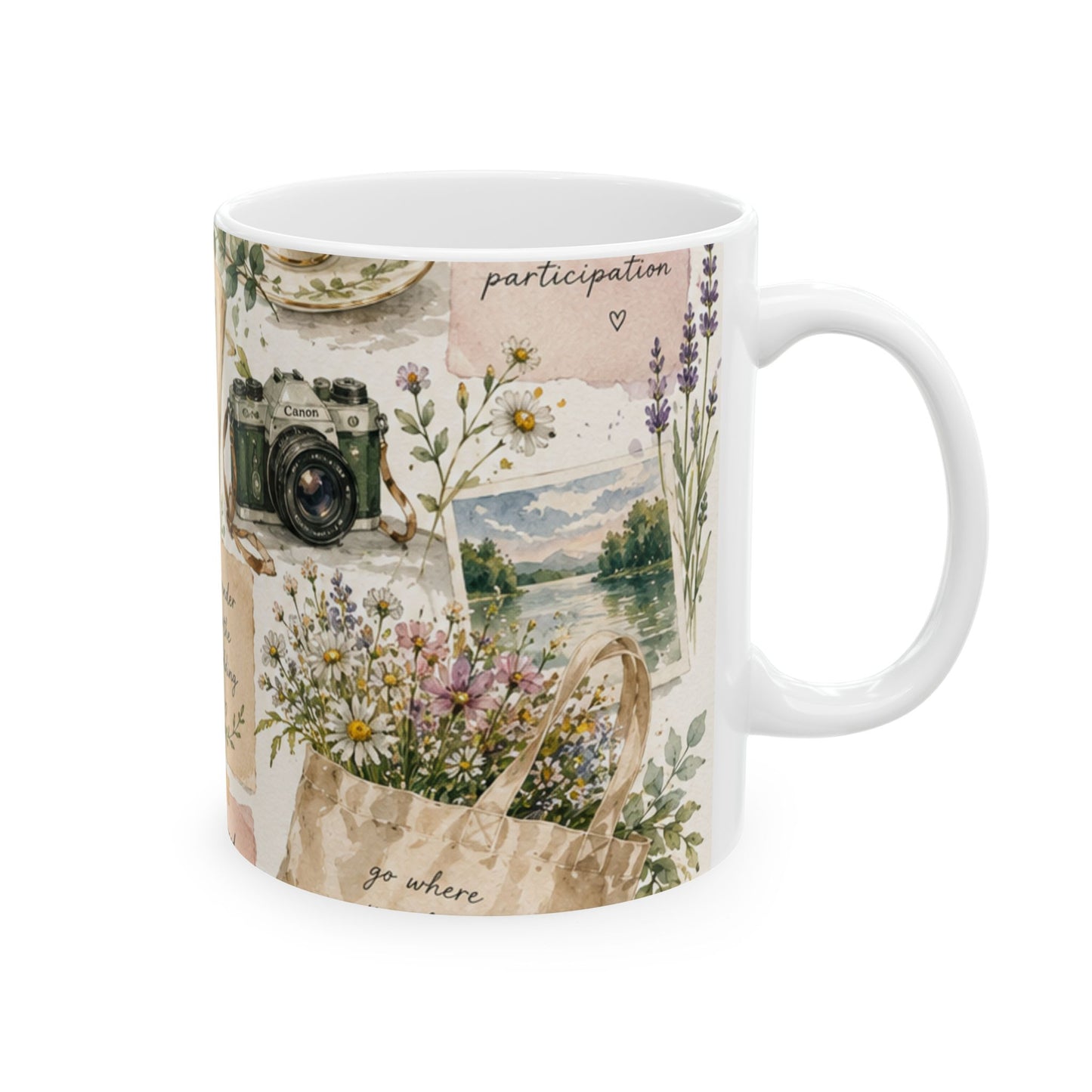 Vintage Botanical Collage Ceramic Mug | Floral Camera Notebook Illustration