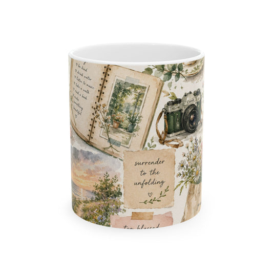 Vintage Botanical Collage Ceramic Mug | Floral Camera Notebook Illustration